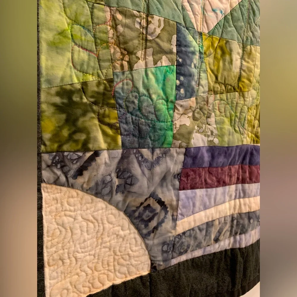New Handmade Landscape Art Quilt Tapestry Fabric Wall Hanging Flowers at Sunset